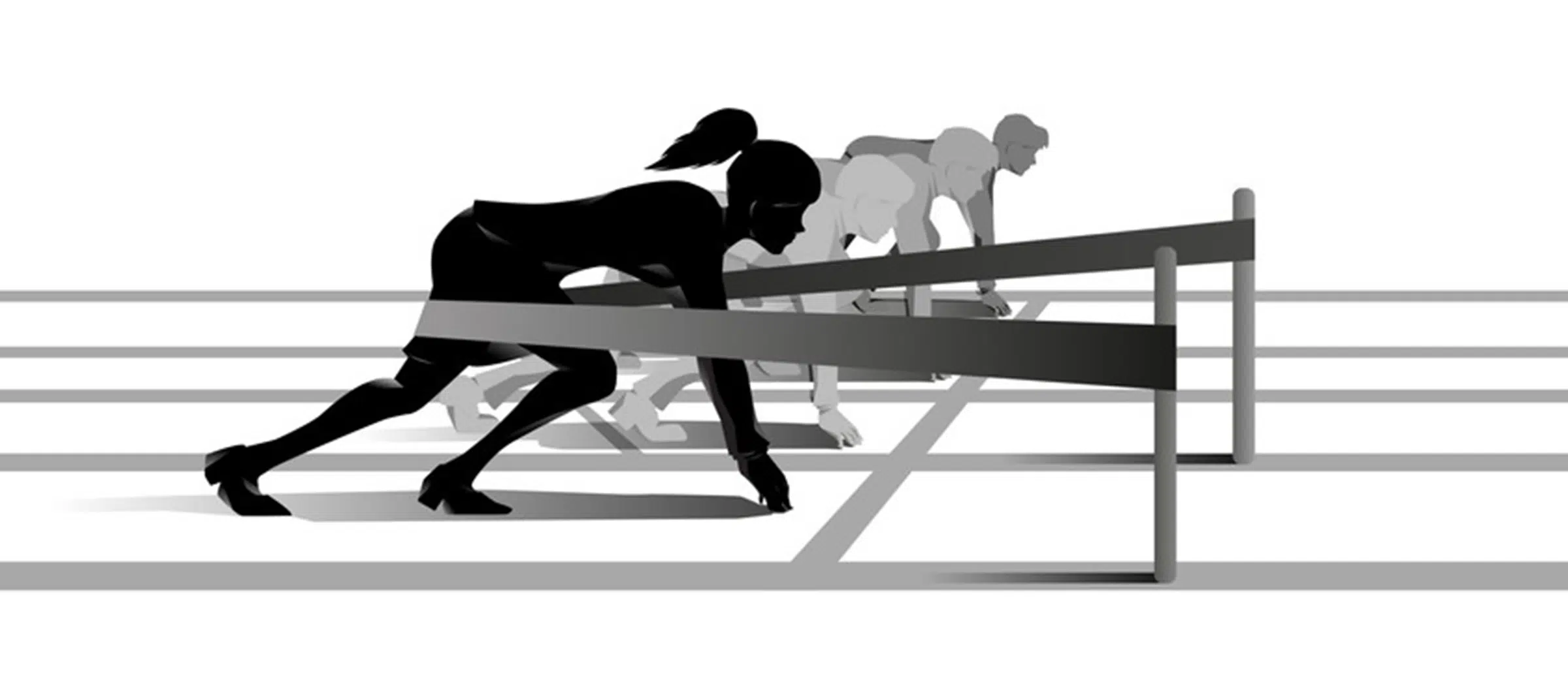 Three men and a woman in sprinting stance, the woman in black is in front with a slingshot